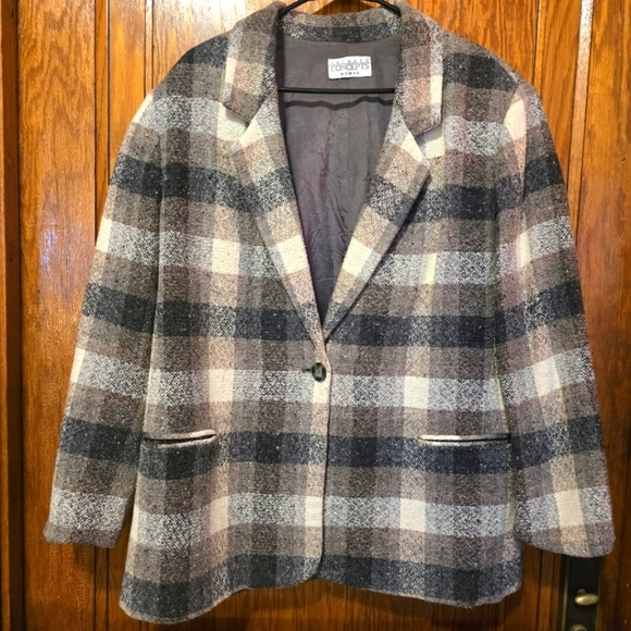 PRIVATE CONCEPTS WOMAN Plaid Neutral Blazer with Button Closure Wool Blend XL - Picture 3 of 17